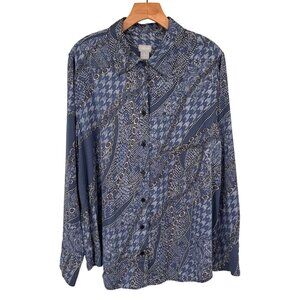 Chicos 3 Womens Button-Down Long Sleeve Shirt Size XL Blue Geometric satin
